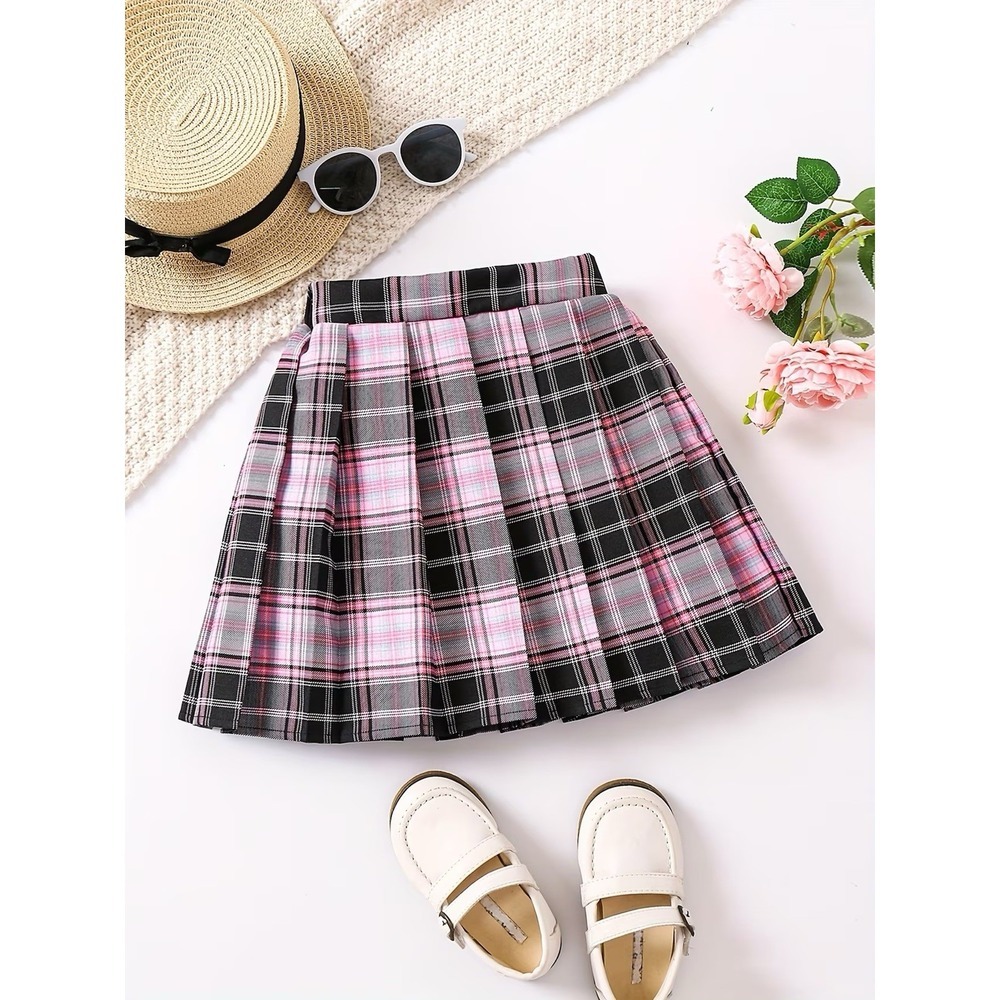 Elegant Plaid Pleated Preppy Style Non-Stretch Polyester Skirt for Girls(11-12)Y